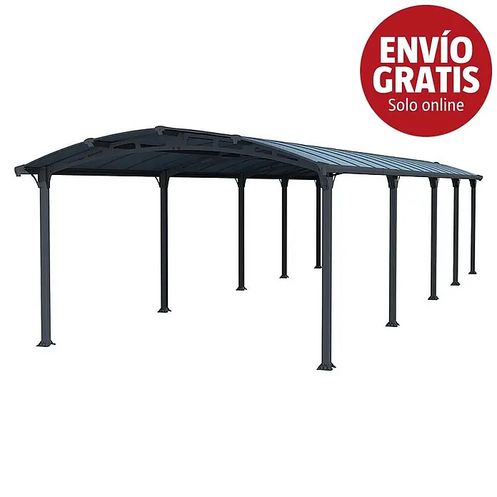 Palram – Canopia Carport Arcadia - Medidas ext. (An x Pr): 3,59 x 10,77 m, Carport doble, Gris - Cochera o pérgola larga de metal gris oscuro con múltiples columnas de soporte y techo ligeramente curvo.