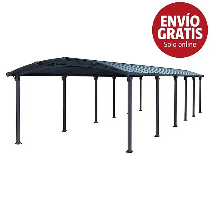 Palram – Canopia Carport Arcadia - Medidas ext. (An x Pr): 3,59 x 12,9 m, Carport doble, Gris - Cochera de metal gris oscuro con techo translúcido.