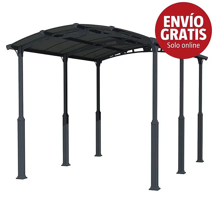 Palram – Canopia Carport Alpine - Medidas ext. (An x Pr): 3,59 x 5,07 m, Carport individual, Antracita - Pérgola o cochera de metal gris oscuro con techo curvado y múltiples postes de soporte.