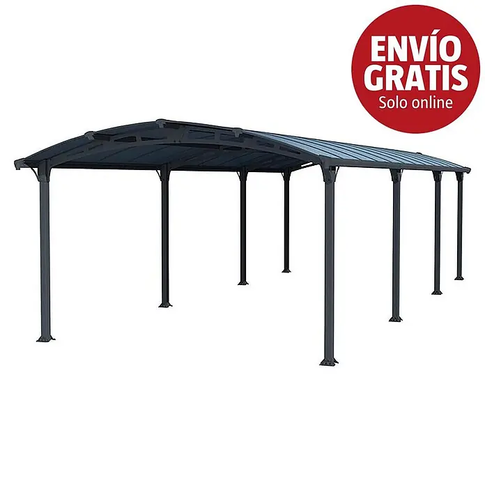 Palram – Canopia Carport Arcadia - Medidas ext. (An x Pr): 3,59 x 8,63 m, Carport doble, Gris - Carport metálico gris oscuro con múltiples postes y techo ligeramente curvado.