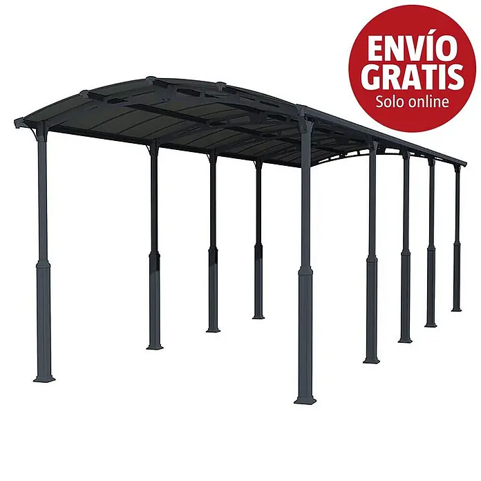 Palram – Canopia Carport Alpine - Medidas ext. (An x Pr): 3,59 x 10,77 m, Carport individual, Antracita - Pérgola o marquesina de metal gris oscuro con techo curvo y pilares de soporte.