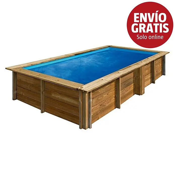 Gre Piscina de madera Lemon - L x An x Al: 375 x 200 x 68 cm, Natural, 3.700 l - Piscina elevada rectangular con marco de madera natural y revestimiento interior azul.