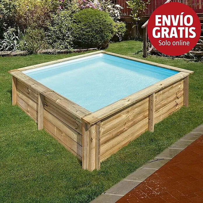 Gre Piscina de madera City - L x An x Al: 225 x 225 x 68 cm, Natural/Azul, 2.300 l - Piscina elevada de madera con agua.