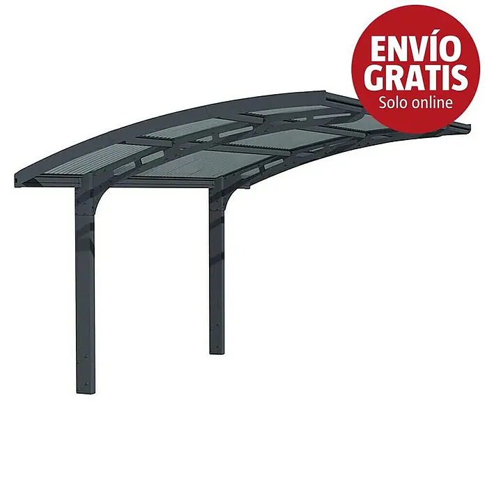 Palram – Canopia Carport Arizona Wave - Medidas ext. (An x Pr): 289 x 495 cm, Carport individual, Gris - Marquesina/pérgola curva gris oscuro con techo ondulado y dos postes de soporte.