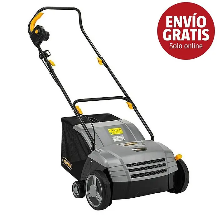 Alpina Escarificador eléctrico ASC 1.3 E - 1.300 W, Anchura de trabajo: 32 cm - Escarificador/aireador de césped eléctrico gris y negro con detalles amarillos, bolsa de recogida y marca 'ALPINA'.