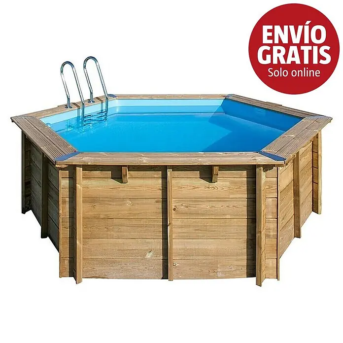 Gre Piscina de madera Vanille 2 - Ø x Al: 400 x 119 cm, Marrón, 8.000 l - Piscina elevada hexagonal de madera con liner azul y escalera metálica.