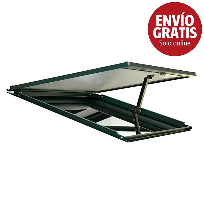 Palram – Canopia Ventana de techo para invernadero - Verde - Abridor automático de ventana para invernadero, verde oscuro, parcialmente abierto.
