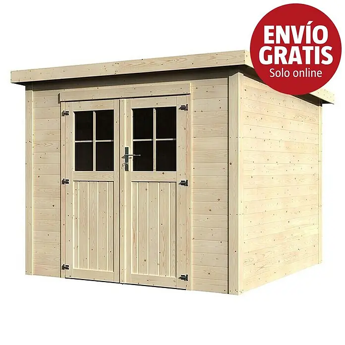 Décor et Jardin Caseta de jardín Tailon - Medidas ext. (An x Pr): 250 x 256 cm, Espesor de pared: 19 mm, Natural - Caseta de jardín de madera natural clara con puertas dobles, ventanas y techo inclinado.