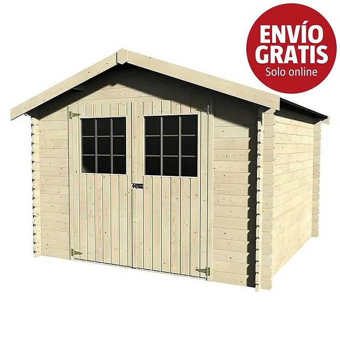 Décor et Jardin Caseta de jardín Flodovark - Medidas ext. (An x Pr): 317 x 313 cm, Espesor de pared: 28 mm, Natural - Caseta de jardín de madera clara con puertas dobles, dos ventanas y una insignia roja 'ENVÍO GRATIS Solo online'.