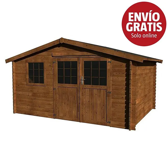 Décor et Jardin Caseta de jardín Valerian - Medidas ext. (An x Pr): 414 x 303 cm, Espesor de pared: 34 mm, Marrón - Caseta de jardín de madera marrón con puertas dobles, ventanas y tejado a dos aguas.