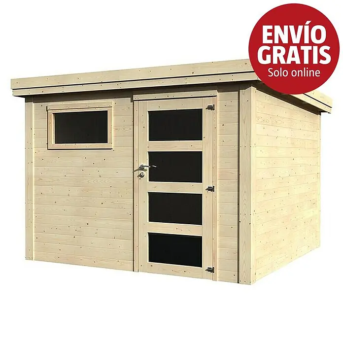 Décor et Jardin Caseta de jardín Paco - Medidas ext. (An x Pr): 300 x 305 cm, Espesor de pared: 28 mm, Blanco - Caseta de jardín de madera clara con una puerta con tres paneles oscuros y una pequeña ventana rectangular.
