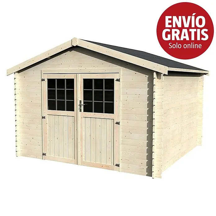 Décor et Jardin Caseta de jardín Flovene - Medidas ext. (An x Pr): 346 x 330 cm, Espesor de pared: 28 mm, Natural - Caseta de jardín de madera clara con puertas dobles y techo oscuro.