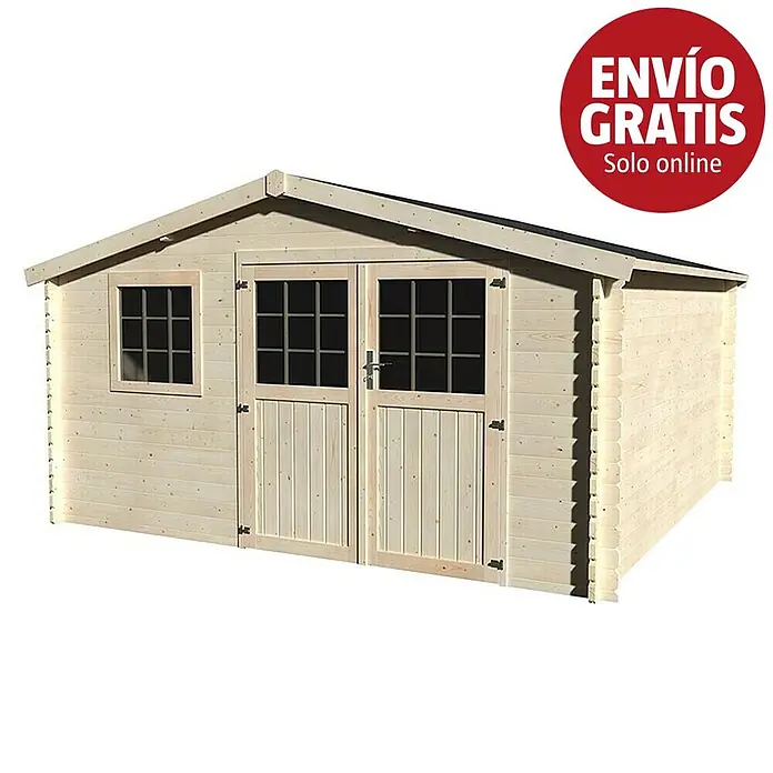 Décor et Jardin Caseta de jardín Vallauris - Medidas ext. (An x Pr): 414 x 403 cm, Espesor de pared: 34 mm, Natural - Caseta de madera clara con puertas dobles y una ventana.