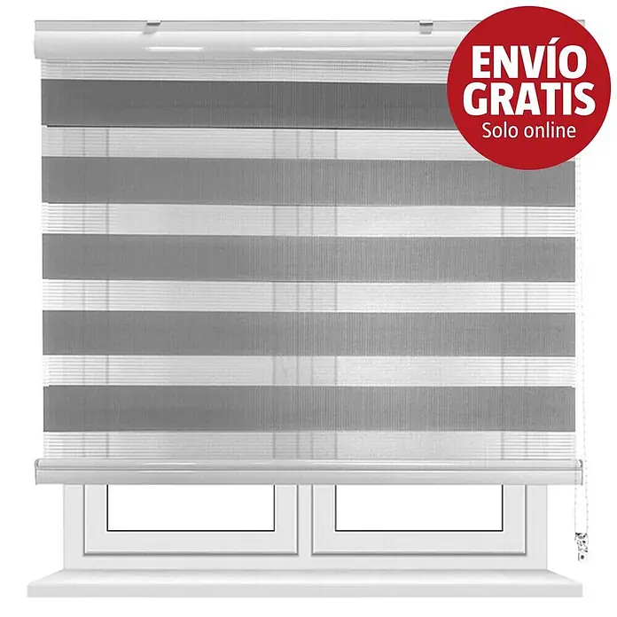 Estor noche y día Martina - An x Al: 105 x 250 cm, Gris - Estor enrollable a rayas grises y blancas en una ventana, con bandas de tejido transparentes y opacas.