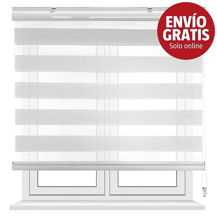 Estor noche y día Martina - An x Al: 150 x 250 cm, Blanco - Estor zebra blanco con franjas horizontales opaques y translúcidas alternas, instalado en una ventana.
