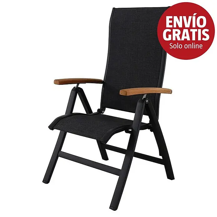 Sunfun Melina Sillón de posiciones - Negro, Teca/Textiline/Aluminio, Respaldo regulable - Silla de jardín plegable negra con reposabrazos de madera.