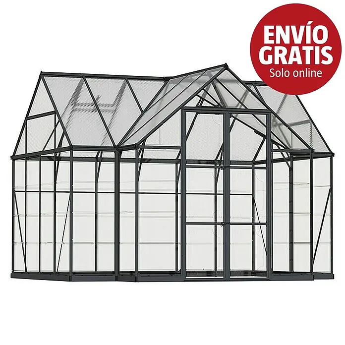 Palram – Canopia Invernadero Victory Orangery - Medidas ext. (An x Pr): 365 x 306 cm, Material de la pared lateral: Plástico, 0,7 mm, Antracita - Gran invernadero con marco gris oscuro y paneles transparentes estriados, con techo a dos aguas.