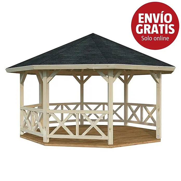Palmako Pérgola estándar Betty M Octogonal - Medidas exteriores: 551 x 551 cm, Natural, Abeto rojo - Cenador hexagonal de madera con estructura de madera clara, techo de tejas oscuras, suelo de madera y barandillas cruzadas.