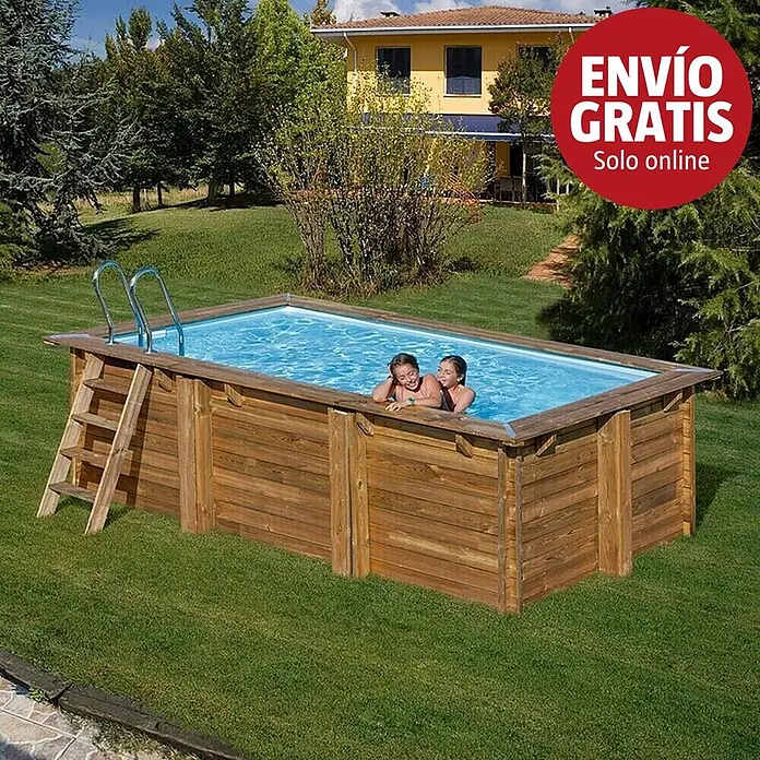 Gre Piscina de madera Marbella 2 - L x An x Al: 420 x 270 x 117 cm, Natural, 10.000 l - Piscina elevada de madera en un jardín verde con dos niños disfrutando del agua.