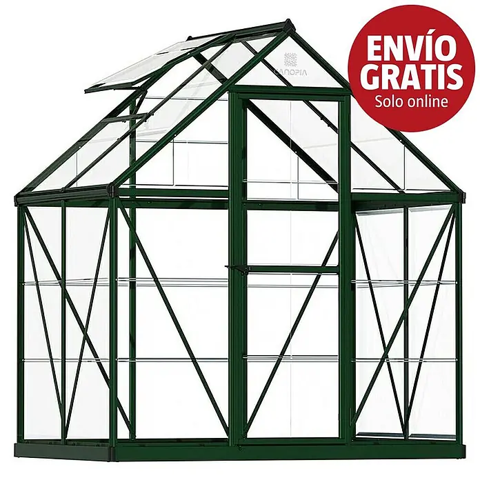 Palram – Canopia Invernadero Harmony - Medidas ext. (An x Pr): 185 x 126 cm, Verde, Área: 2,3 m² - Un espacioso invernadero de jardín con estructura de aluminio verde oscuro y paneles de policarbonato transparentes, con ventilación de techo y puerta.