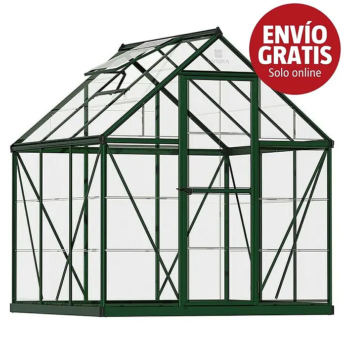 Palram – Canopia Invernadero Harmony - Medidas ext. (An x Pr): 185 x 186 cm, Verde, Área: 3,5 m² - Invernadero de policarbonato verde con ventana de techo abatible y puerta frontal, para jardinería y cultivo.
