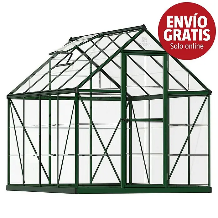 Palram – Canopia Invernadero Harmony - Medidas ext. (An x Pr): 185 x 247 cm, Verde, Área: 4,6 m² - Invernadero verde con estructura metálica y paneles transparentes, techo a dos aguas, puerta y ventana de techo abierta.