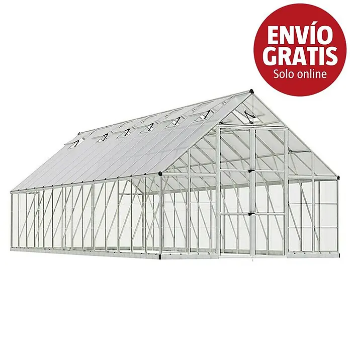 Palram – Canopia Invernadero Balance - Medidas ext. (An x Pr): 304 x 844 cm, 0,7 mm, Plateado - Un invernadero largo y moderno con marco de aluminio, paneles transparentes, varias ventanas de techo y un distintivo rojo con 'ENVÍO GRATIS Solo online'.