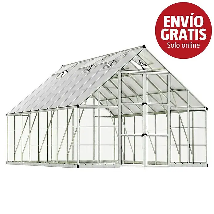 Palram – Canopia Invernadero Balance - Medidas ext. (An x Pr): 304 x 484 cm, 0,7 mm, Plateado - Gran invernadero con estructura de aluminio, paneles transparentes, techo a dos aguas y ventanas de ventilación.