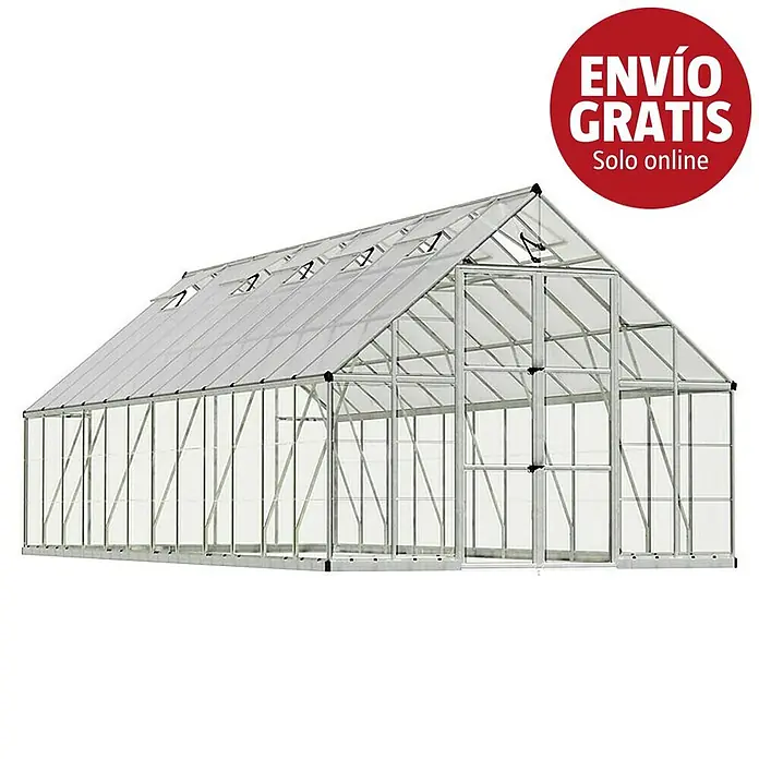 Palram – Canopia Invernadero Balance - Medidas ext. (An x Pr): 304 x 724 cm, 0,7 mm, Plateado - Gran invernadero con estructura plateada y paneles transparentes, techo inclinado y varias ventanas de techo.