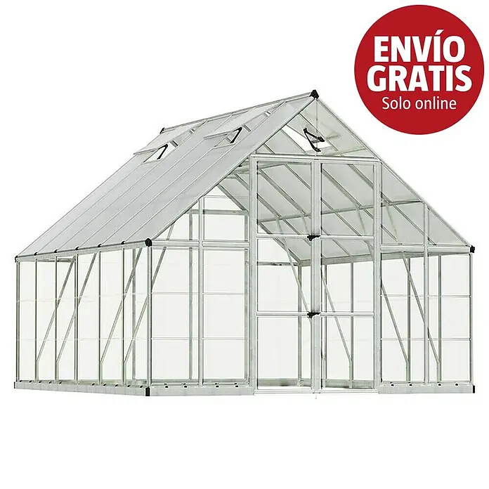 Palram – Canopia Invernadero Balance - Medidas ext. (An x Pr): 304 x 366 cm, 0,7 mm, Plateado - Un invernadero de aluminio plateado con paneles transparentes, una puerta abierta y dos rejillas de ventilación en el techo.