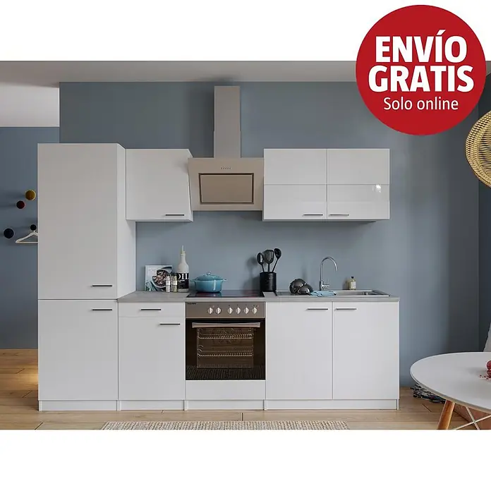 Respekta Composición de cocina Malia - Ancho: 270 cm, Blanco, Decoración encimera: Efecto cemento, Con electrodomésticos, Volumen horno: 72 l - Cocina modular blanca con encimera gris claro, horno integrado y fregadero, sobre pared azul.