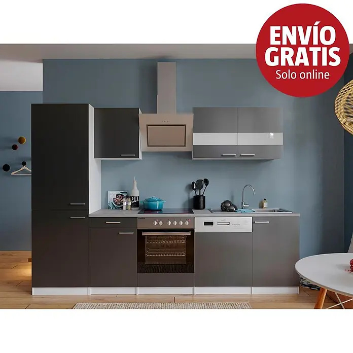 Respekta Composición de cocina Malia - Ancho: 280 cm, Gris, Decoración encimera: Efecto cemento, Con electrodomésticos, Volumen horno: 72 l - Cocina modular moderna en gris oscuro y gris claro/blanco con columna, muebles bajos, altos, horno, placa, lavavajillas y fregadero.