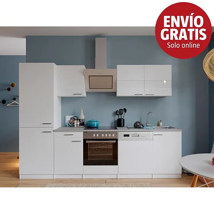 Respekta Composición de cocina Malia - Ancho: 280 cm, Blanco, Decoración encimera: Efecto cemento, Con electrodomésticos, Volumen horno: 72 l - Cocina blanca moderna con horno, placa, lavavajillas y fregadero integrados, sobre pared azul.