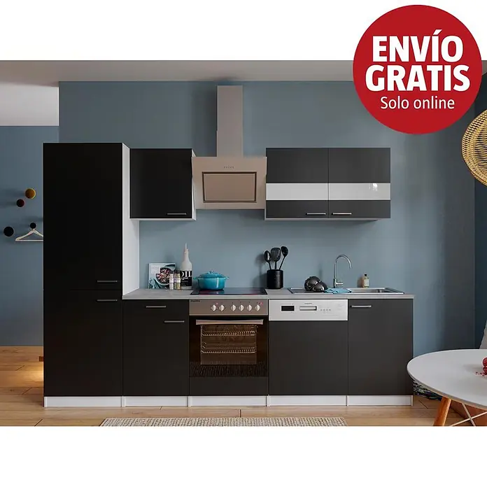 Respekta Composición de cocina Malia - Ancho: 280 cm, Negro, Decoración encimera: Efecto cemento, Con electrodomésticos, Volumen horno: 72 l - Cocina moderna negra y gris con horno, vitrocerámica, fregadero y lavavajillas integrados.