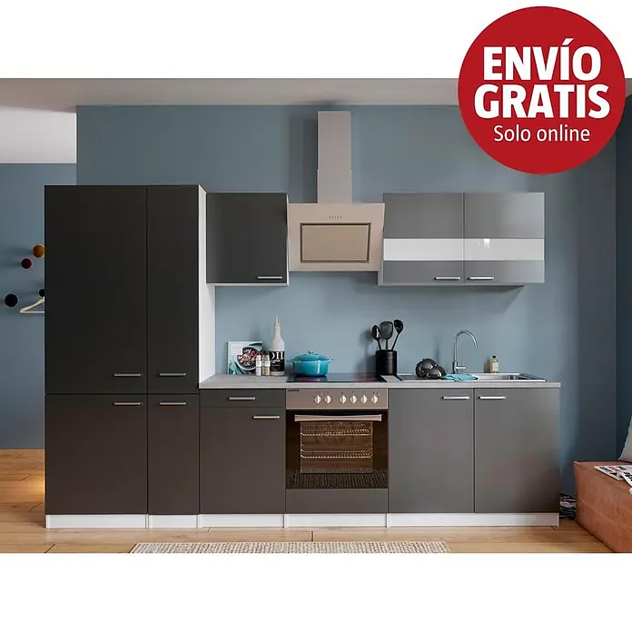 Respekta Composición de cocina Malia - Ancho: 300 cm, Gris, Decoración encimera: Efecto cemento, Con electrodomésticos, Volumen horno: 72 l - Una cocina moderna con muebles gris oscuro y grises, campana extractora beige, horno, placa y fregadero integrados, sobre suelo de madera.