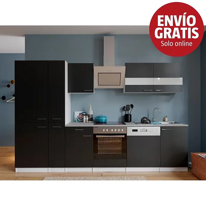Respekta Composición de cocina Malia - Ancho: 300 cm, Negro, Decoración encimera: Efecto cemento, Con electrodomésticos, Volumen horno: 72 l - Cocina moderna con armarios negros y grisos, encimera gris y electrodomésticos integrados como horno, vitrocerámica, lavavajillas y fregadero.