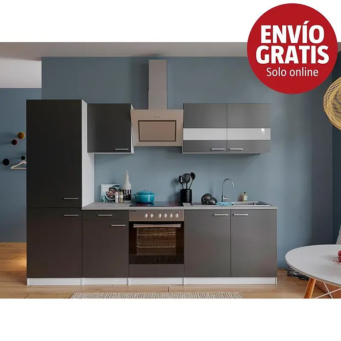 Respekta Composición de cocina Malia - Ancho: 270 cm, Gris, Decoración encimera: Efecto cemento, Con electrodomésticos, Volumen horno: 72 l - Módulo de cocina moderno con armarios gris oscuro, encimera clara, horno, placa y fregadero integrados, sobre una pared azul.