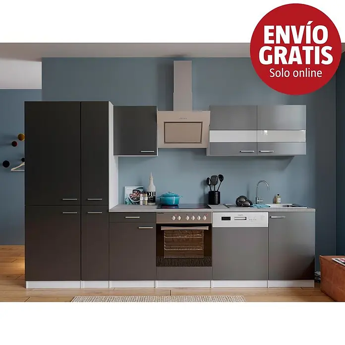 Respekta Composición de cocina Malia - Ancho: 310 cm, Gris, Decoración encimera: Efecto cemento, Con electrodomésticos, Volumen horno: 72 l - Cocina moderna con muebles gris antracita y gris claro, horno, placa, lavavajillas y fregadero integrados, sobre pared azul.