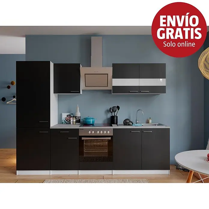 Respekta Composición de cocina Malia - Ancho: 270 cm, Negro, Decoración encimera: Efecto cemento, Con electrodomésticos, Volumen horno: 72 l - Conjunto de cocina modular negro moderno con horno, vitrocerámica, fregadero, campana extractora y columna frigorífico, en pared azul.