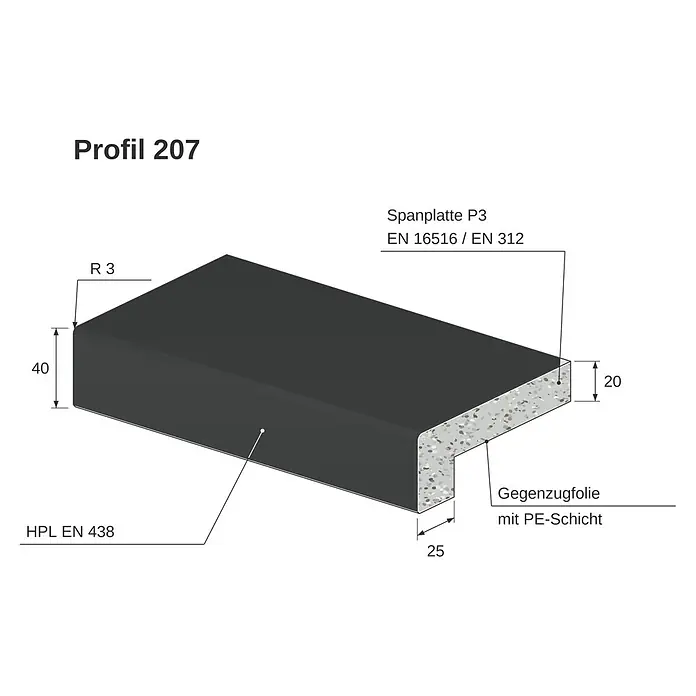 Fensterbank Profil 207 - L x B x S: 410 cm x 40 cm x 20 mm, Anthrazit, Holz, Systemattribut Herstellerwert Spanplatte P3 nach EN 312 / Spanplatte P5 - Dunkelgraues Möbelprofil (40mm hoch) mit HPL-Oberfläche, Spanplattenkern und PE-Gegenzugfolie. Mit R3 abgerundeter Kante.