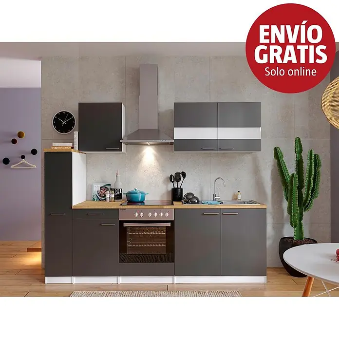 Respekta Cocina compacta Malia - Ancho: 240 cm, Gris, Decoración encimera: Efecto madera, Volumen horno: 72 l - Mueble de cocina moderno gris oscuro con encimeras efecto madera, horno, vitrocerámica, fregadero y armarios superiores integrados.