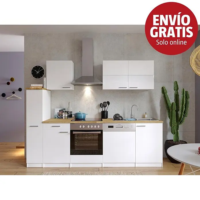 Respekta Cocina compacta Malia - Ancho: 250 cm, Blanco, Decoración encimera: Efecto madera, Volumen horno: 72 l - Cocina modular blanca moderna con encimera de madera, horno, placa de cocción, fregadero, lavavajillas integrados y armarios superiores.