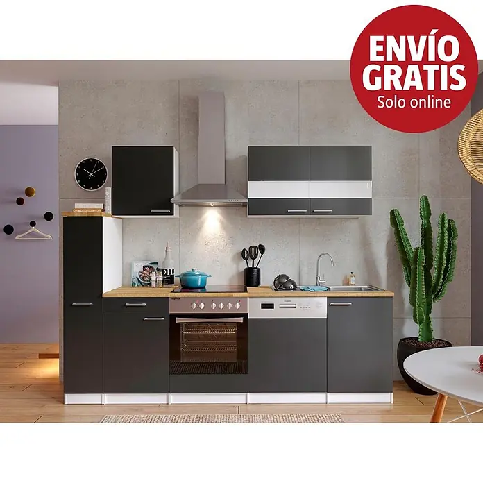 Respekta Cocina compacta Malia - Ancho: 250 cm, Gris, Decoración encimera: Efecto madera, Volumen horno: 72 l - Cocina moderna completa gris oscuro con detalles blancos, encimera efecto madera clara, horno, placa, fregadero, lavavajillas y campana integrados.