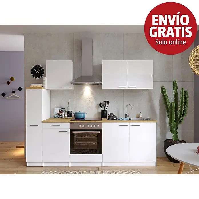 Respekta Cocina compacta Malia - Ancho: 240 cm, Blanco, Decoración encimera: Efecto madera, Volumen horno: 72 l - Cocina modular blanca con encimera de madera, horno, vitrocerámica, fregadero y muebles altos integrados.