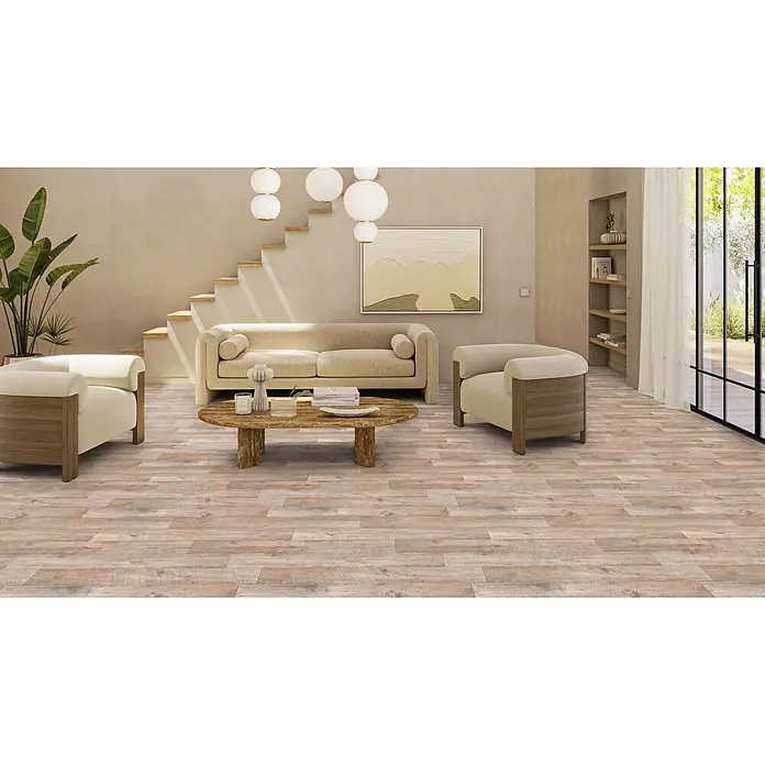PVC-Boden Meterware Vinylboden 4m Diele Eiche creme grau antik -  - Holzdielenboden in verschiedenen Braun- und Grautönen, verlegt in einem modernen Wohnzimmer.
