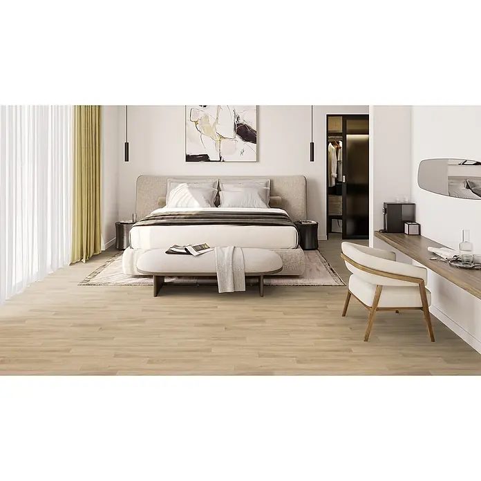 PVC-Boden Meterware Vinylboden 4m Diele Eiche natur -  - Helle Holzoptik-Bodenplanken in einem modernen Schlafzimmer, passend zu den hellen Möbeln.