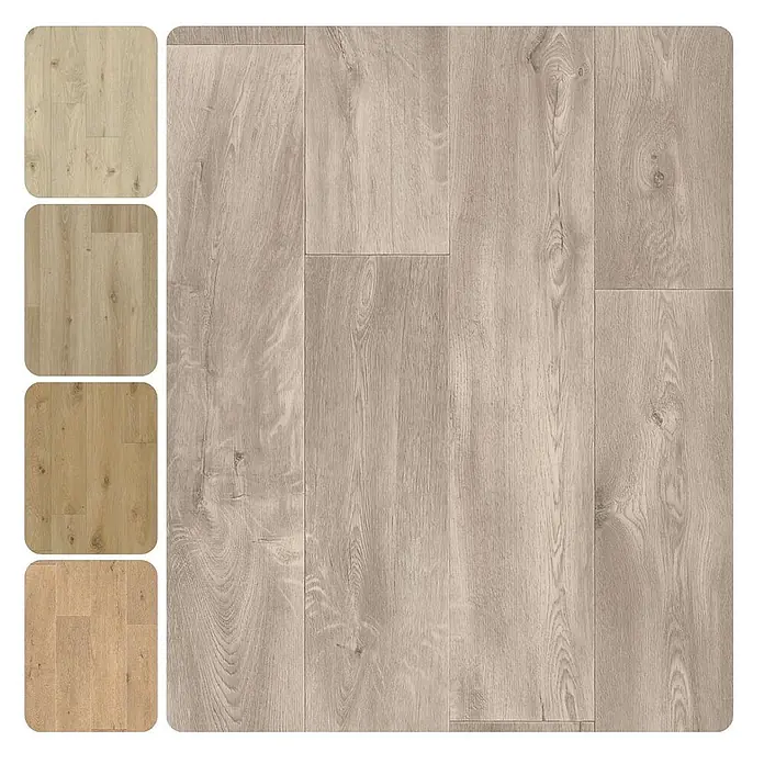 PVC-Boden Meterware Vinylboden 2m Diele Eiche grau antik -  - Helle Laminatdielen in Holzoptik und vier kleinere Muster in hellen Holztönen.