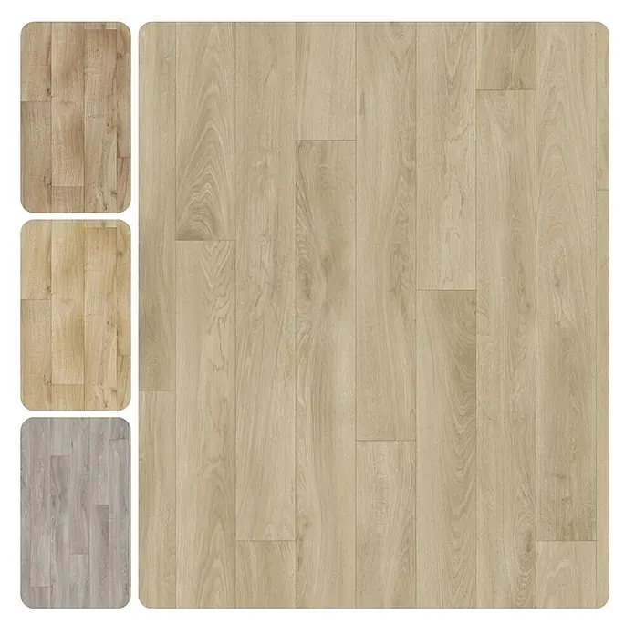 PVC-Boden Meterware Vinylboden 4m Diele Eiche natur -  - Helle Holzbodenoptik mit Mustern in Braun und Grau.