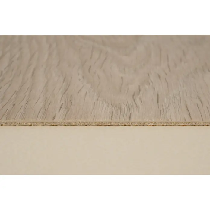 PVC-Boden Meterware Vinylboden 2m Holzoptik Diele Eiche hell beige -  - Hellbraune Bodenprobe in Holzoptik, Vorderseite und beigefarbene Unterlage sichtbar.