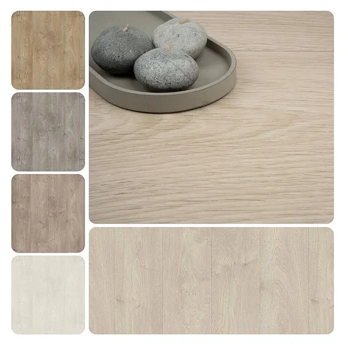 PVC-Boden Meterware Vinylboden 2m Holzoptik Diele Eiche hell beige -  - Mehrere Holzbodenmuster in verschiedenen hellen und neutralen Farbtönen.